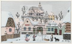 Náves, děti, sněhulák 1951