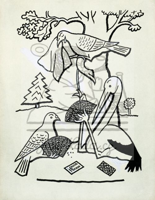 Čáp sedí pod dubem, hraje karty s holubem 1921