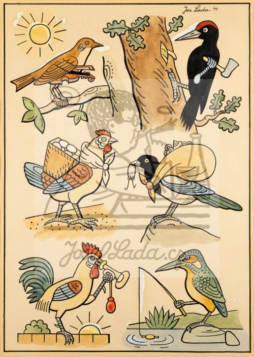 Ladův veselý přírodopis - Slavík, datel, kvočna, straka, kohout a ledňáček 1949