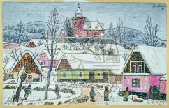 Zasněžená vesnice s kostelem 1941
