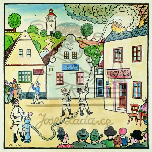 Bez vody není života 1937 - Hydrant prostřed návsi zrovna - lepší je než pojišťovna.